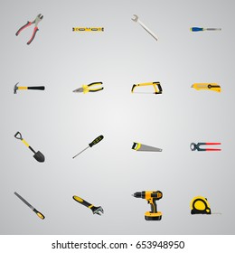Realistic Plumb Ruler, Length Roulette, Spade And Other Vector Elements. Set Of Tools Realistic Symbols Also Includes Instrument, Roller, Tape Objects.