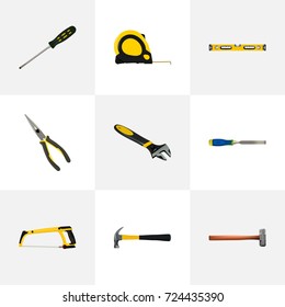 Realistic Plumb Ruler, Length Roulette, Handle Hit Vector Elements. Set Of Instruments Realistic Symbols Also Includes Screwdriver, Tape, Carpenter Objects.