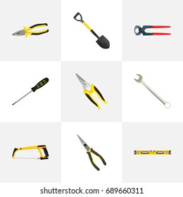 Realistic Plumb Ruler, Scissors, Spade And Other Vector Elements. Set Of Tools Realistic Symbols Also Includes Instrument, Construction, Screwdriver Objects.