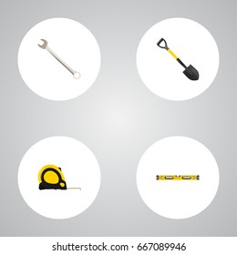 Realistic Plumb Ruler, Spade, Length Roulette And Other Vector Elements. Set Of Instruments Realistic Symbols Also Includes Construction, Shovel, Measure Objects.