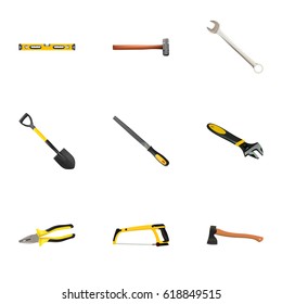 Realistic Plumb Ruler, Spanner, Handle Hit Vector Elements. Set Of Tools Realistic Symbols Also Includes Hatchet, Construction, Key Objects.
