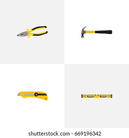 Realistic Plumb Ruler, Stationery Knife, Pliers And Other Vector Elements. Set Of Instruments Realistic Symbols Also Includes Knife, Construction, Hammer Objects.