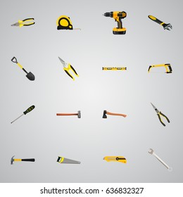 Realistic Plumb Ruler, Wrench, Length Roulette And Other Vector Elements. Set Of Construction Realistic Symbols Also Includes Saw, Instrument, Noise Objects.