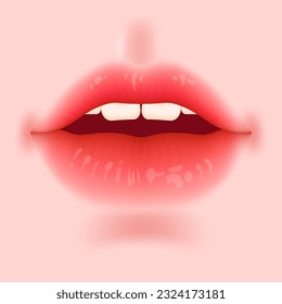 Realistic, plump lips with a matte red lipstick. Health and glamour of the skin. Perfect for beauty care, makeup, and sensual designs. Korean makeup on pale beige skin. Open mouth with teeth. 
