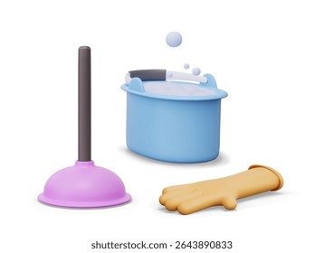 Realistic plunger, plastic bucket with soap foam, rubber glove. Set of color elements for manual wet cleaning. Classic tool for cleaning clogged sewer pipes