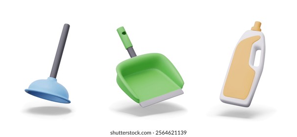 Realistic plunger, scoop, large bottle with handle and unbranded label. Set of isolated vector template for cleaning concepts. Inventory and liquid detergent