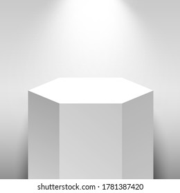Realistic podium, 3d exhibit displays. Gallery geometric blank product stands. Spotlight illuminates pedestal. Stage backdrop. Vector illustration