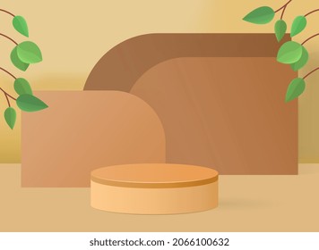Podio realista. Representación 3D con escena cilíndrica, hojas y formas abstractas. Plantilla con plataforma para presentación y concesión de cosméticos naturales orgánicos. Dibujo vectorial moderno de dibujos animados