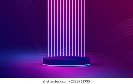 Realistic podium background with dark blue and pink glowing neon vertical lamps and light lines in futuristic vector design.