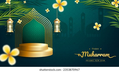 Realistic podium background muharram islamic new year, suitable for greeting card, banner, est