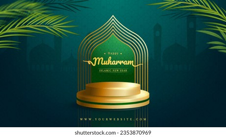 Realistic podium background muharram islamic new year, suitable for greeting card, banner, est