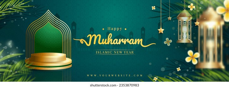 Realistic podium background muharram islamic new year, suitable for greeting card, banner, est