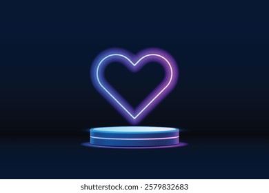 Realistic podium of blue and purple neon cylinders with neon heart decoration