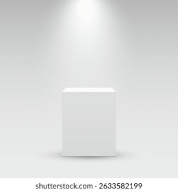 Realistic podium cube in an abstract room.  The stage for the showcase, the layout of the product display. Vector illustration