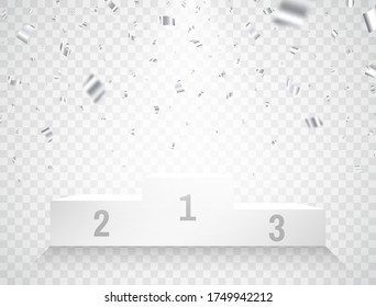 Realistic podium and falling confetti. Award ceremony on transparent backdrop. White pedestal with shiny confetti. Winner template with light effect. Vector illustration.