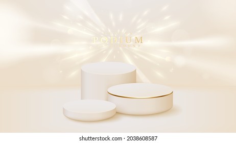 Realistic podium with golden neon light effects background, luxury 3d style concept backdrop. vector illustration.