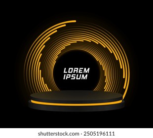 Realistic podium with golden speed lines. Platform, stand stage and cylinder. Luxury round pedestal.