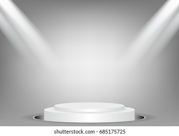 Realistic podium illuminated by spotlights vector background