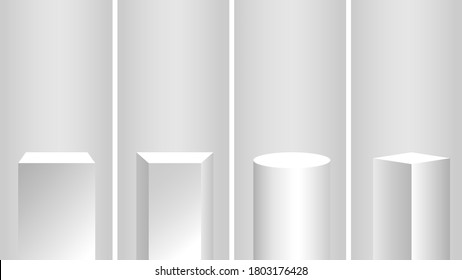 Realistic podium, pedestal, stand, round, square and rectangular stage for 3D displays. Gallery of backlit geometric stands for blanks. Vector graphics.