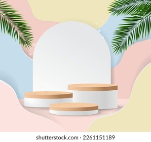 Fondo Realista Del Podio Y Del Resumen Rosa Y Hojas De Palm Con Malla De Gradiente, Ilustración Del Vector