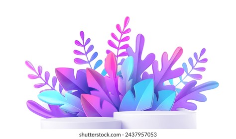 Realistic podium with pink and purple fantastic tropical leaves isolated on transparent background. Showcase for your product. 3D vector illustration