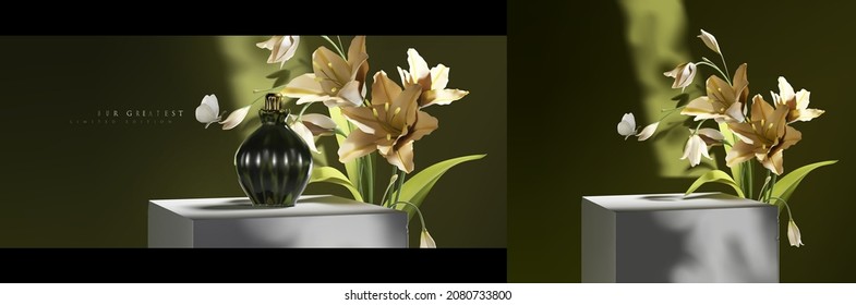 Realistic podium or platform scene for product display presentation with beautiful decorative lily flower vector 