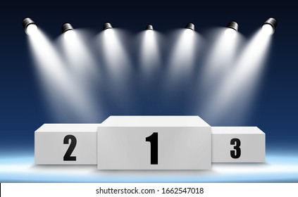 
Realistic podium or platform for winners. Pedestal with spotlights on a white background.