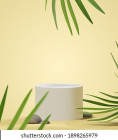 Realistic podium scene for product presentation with nature tropical palm leaf foliage vector mockup template