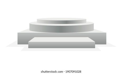 Realistic podium. Showroom pedestal, floor stage platform vector isolated mockup. Round and square 3d empty podium with steps. Concept of showcase for product, promotion sale or presentation