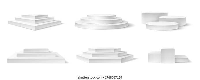 Realistic podium. White 3d empty podiums, pedestal and platform different shapes for award ceremony, concert advertising product vector set. Square, round white stage with stairs for top