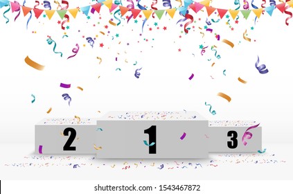 
Realistic podium or winners platform. Pedestal with confetti on a white background.