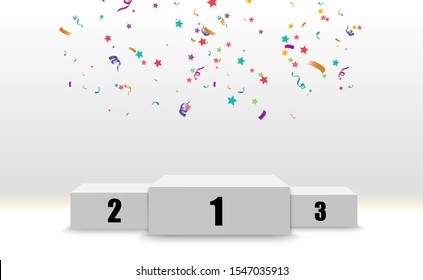 Realistic podium or winners platform. Pedestal with confetti on a white background.