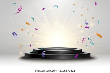 Realistic podium or winners platform. Pedestal with confetti on a white background.
