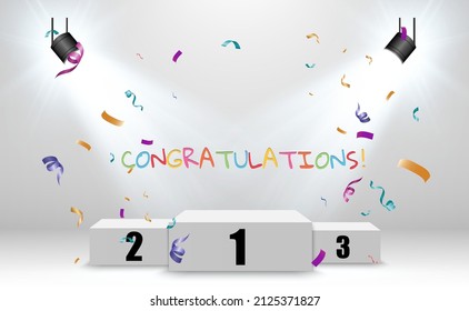Realistic podium or winners platform. Pedestal with confetti on a white background.
