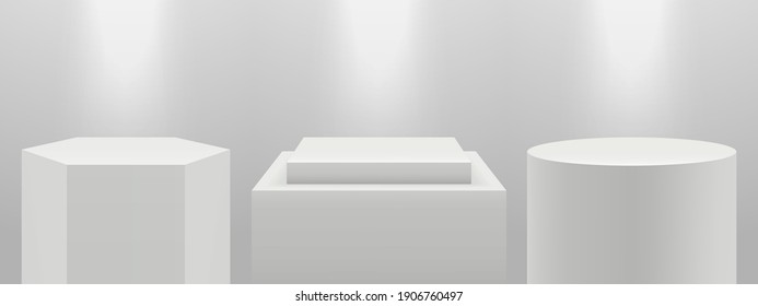 Realistic podiums. 3d pedestal in light, blank white expo stands vector set