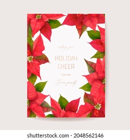 Realistic Poinsettia 3d Flowers Winter Card, Merry Christmas Vector Greetings. New Year Holiday Party Invitation. Floral Banner template, Illustration Frame, Brochure, Cover, Wedding Postcard