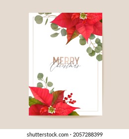 Realistic Poinsettia 3d Flowers Winter Card, Merry Christmas Vector Greetings. New Year Holiday Party Invitation. Floral Banner template, Illustration Frame, Brochure, Cover, Wedding Postcard