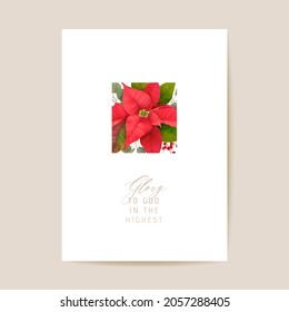 Realistic Poinsettia 3d Flowers Winter Card, Merry Christmas Vector Greetings. New Year Holiday Party Invitation. Floral Banner template, Illustration Frame, Brochure, Cover, Wedding Postcard