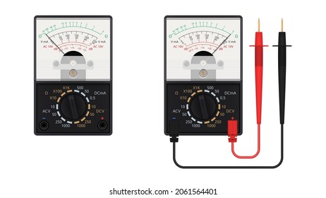 Realistic pointer multimeter with set of probes. Instrument for measuring voltage, current, resistance. Vector illustration.