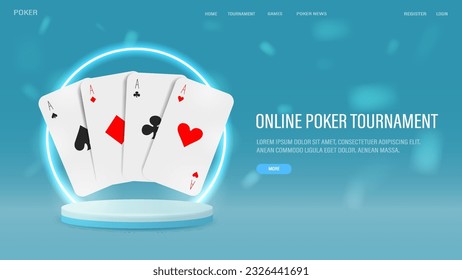 Realistic poker cards on a white 3d podium with a neon bright frame on a blue background. A web banner on the casino theme.