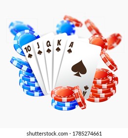 Realistic poker cards and pile, for play in casino. Gambling realistic 3D  card and plastic red and blue chip. Vector illustration