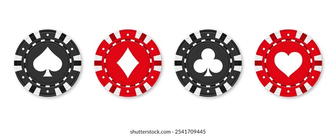 Realistic Poker and casino chips. Isolated casino poker chips. Poker symbols with spades, hearts, diamonds, clubs. Playing gambling chips concept. Vector illustration.