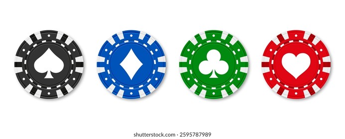 Realistic Poker and casino chips. Isolated casino poker chips. Poker symbols with spades, hearts, diamonds, clubs. Playing gambling chips concept. Vector illustration.