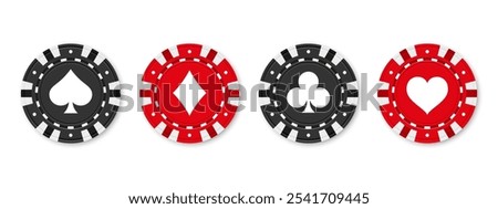 Realistic Poker and casino chips. Isolated casino poker chips. Poker symbols with spades, hearts, diamonds, clubs. Playing gambling chips concept. Vector illustration.