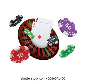 Realistic poker club casino composition with images of flying gaming chips with cards and roulette vector illustration