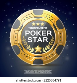 Realistic poker poster. Golden game chip, gambling advertising banner, luxury promo casino invitation, round game token, 3d isolated element night sky background, utter vector concept