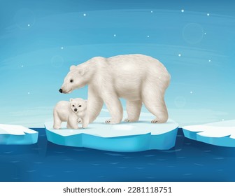 Realistic polar bear with cute cub on ice floe vector illustration