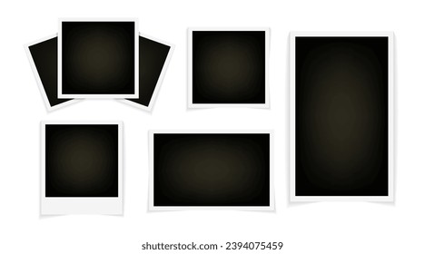 Conjunto de simulación de marco de foto polaroide realista. El fotograma vacío se burla de la sombra. Tarjeta de época. Fotos retro con sombra aislada en fondo blanco. Ilustración del vector