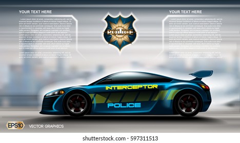 Realistic Police car futuristic concept Infographic. Urban city background. Online Cab Mobile App, Cab Booking, Map Navigation e-commerce business concept. Digital Vector