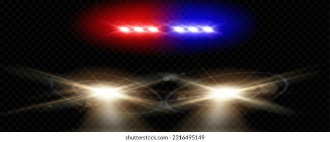 Realistic police car headlights blinking with red, blue colors on transparent background. Vector illustration of emergency vehicle headlamps illuminating dark road, ambulance lights glowing at night